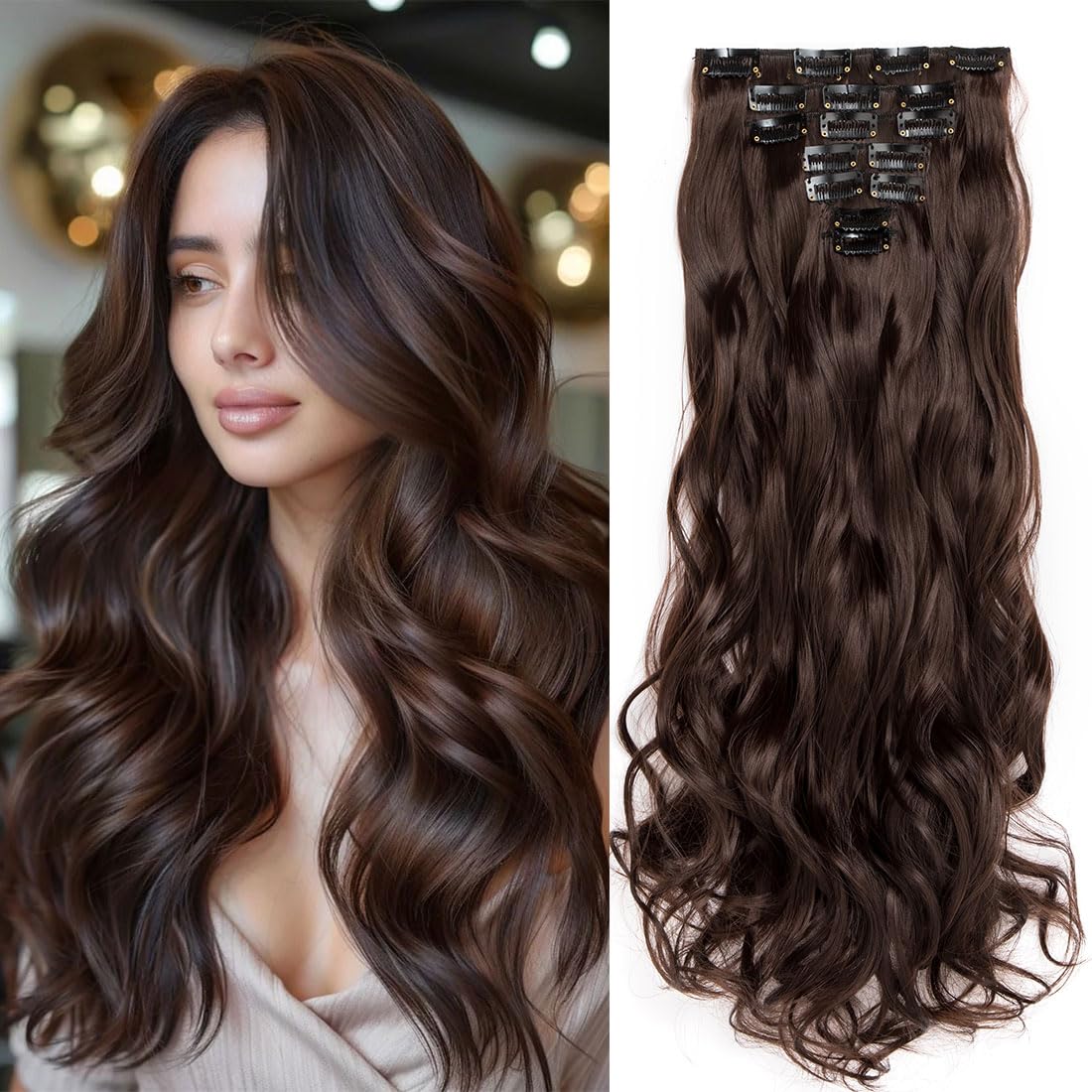 Swy Hair Clip in Hair Extensions Body Wave 22 inches 7Pcs 150g Straight Hair Synthetic Hair Extensions (W-Dark Brown, Wavy) - Image 4