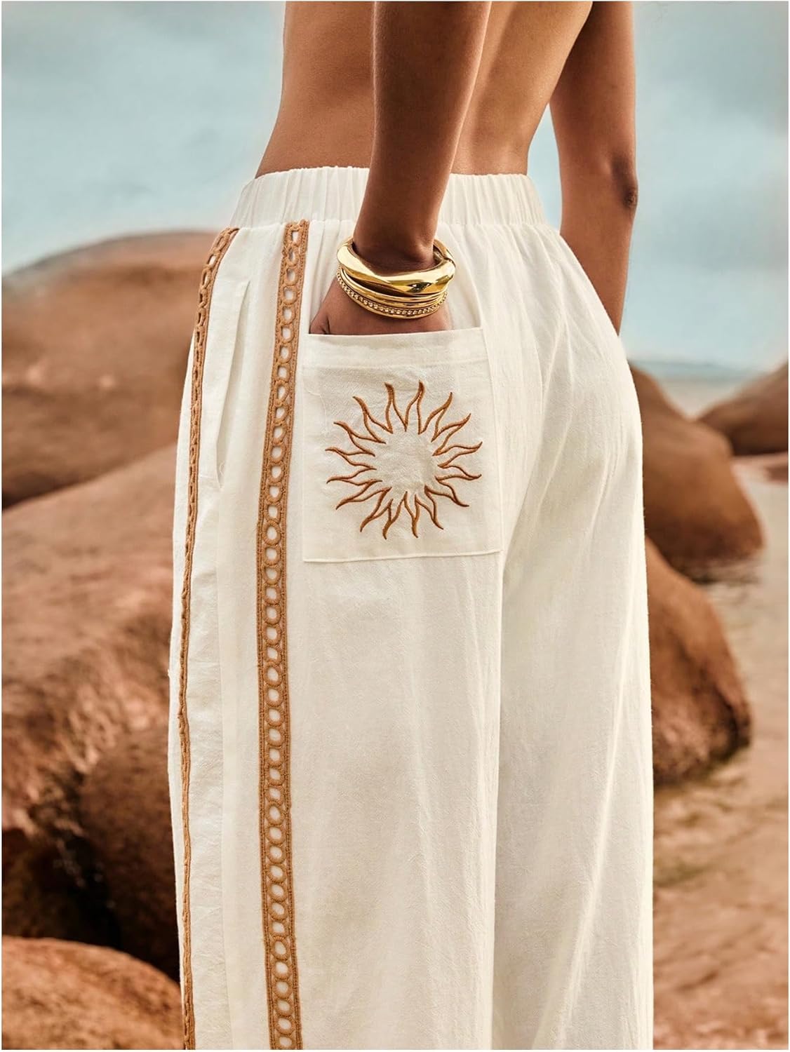 SOLY HUX Women's Wide Leg Pants Elastic High Waisted Embroidery Casual Long Trousers with Pockets White Embroidery Large - Image 4