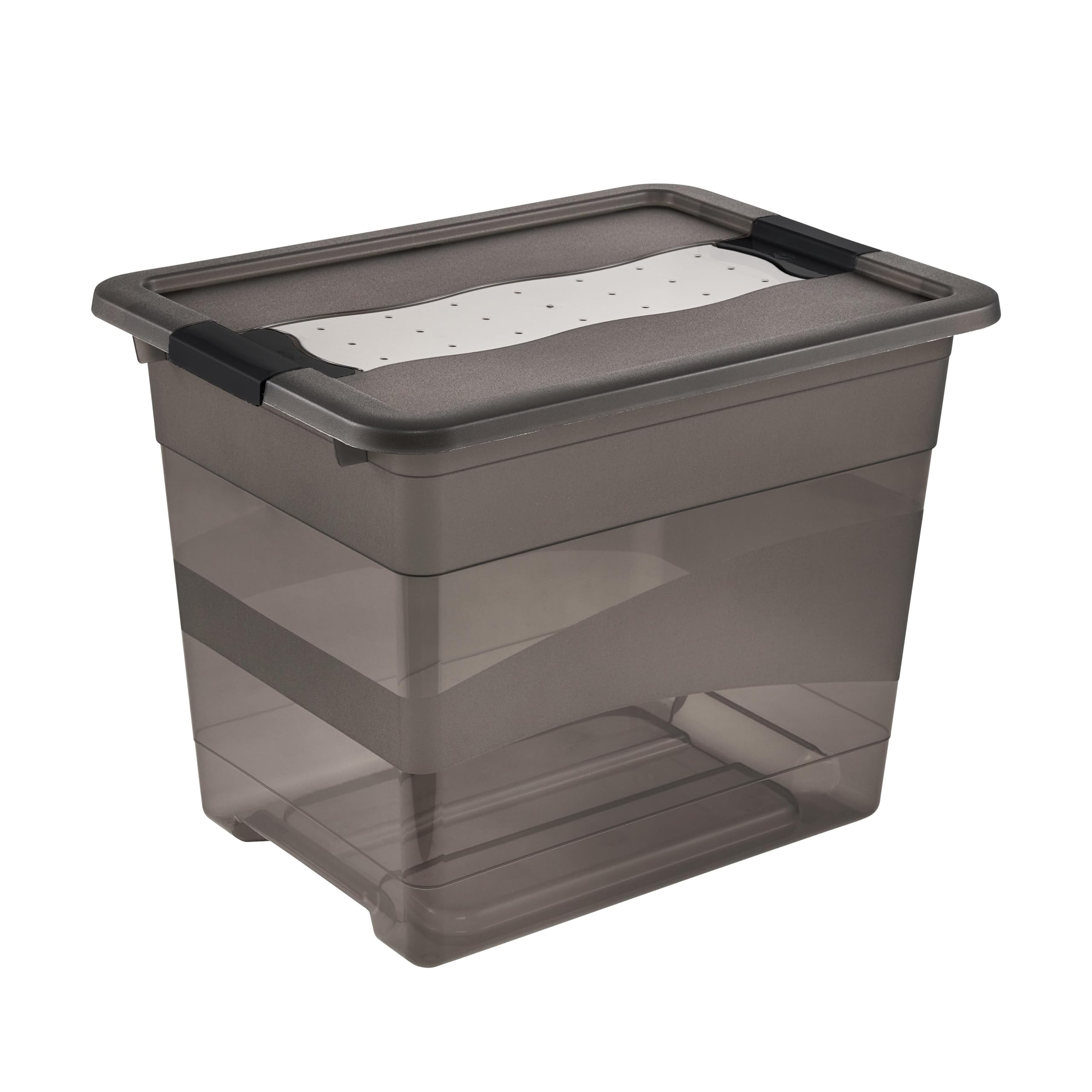 keeeper Storage Box with Lid and Sliding Closing Mechanism, 24 L, Transparent, Crystal Grey
