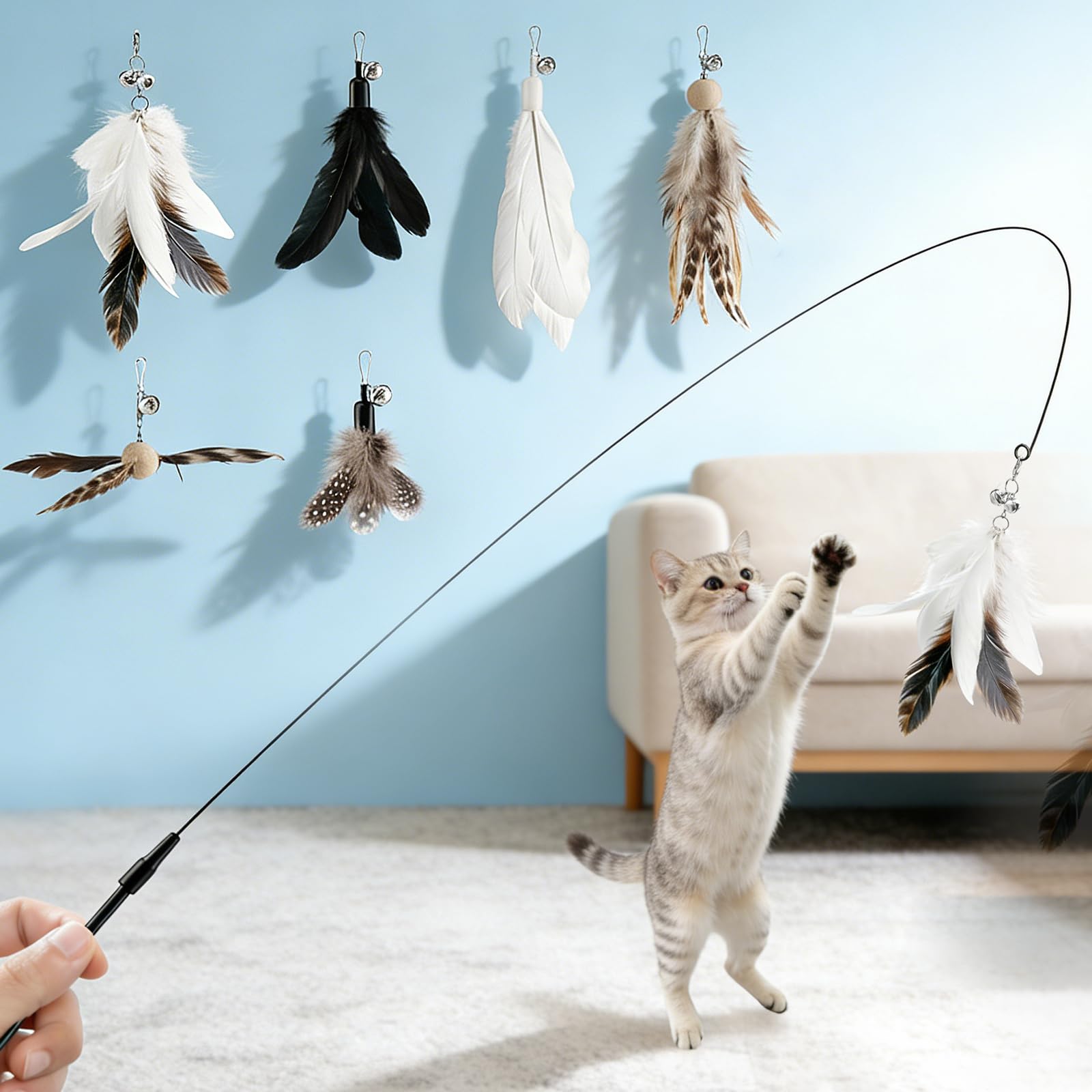 VavoPaw 6-in-1 Cat Wand Toy with Feather, 33.5 Inches for Indoor Cats