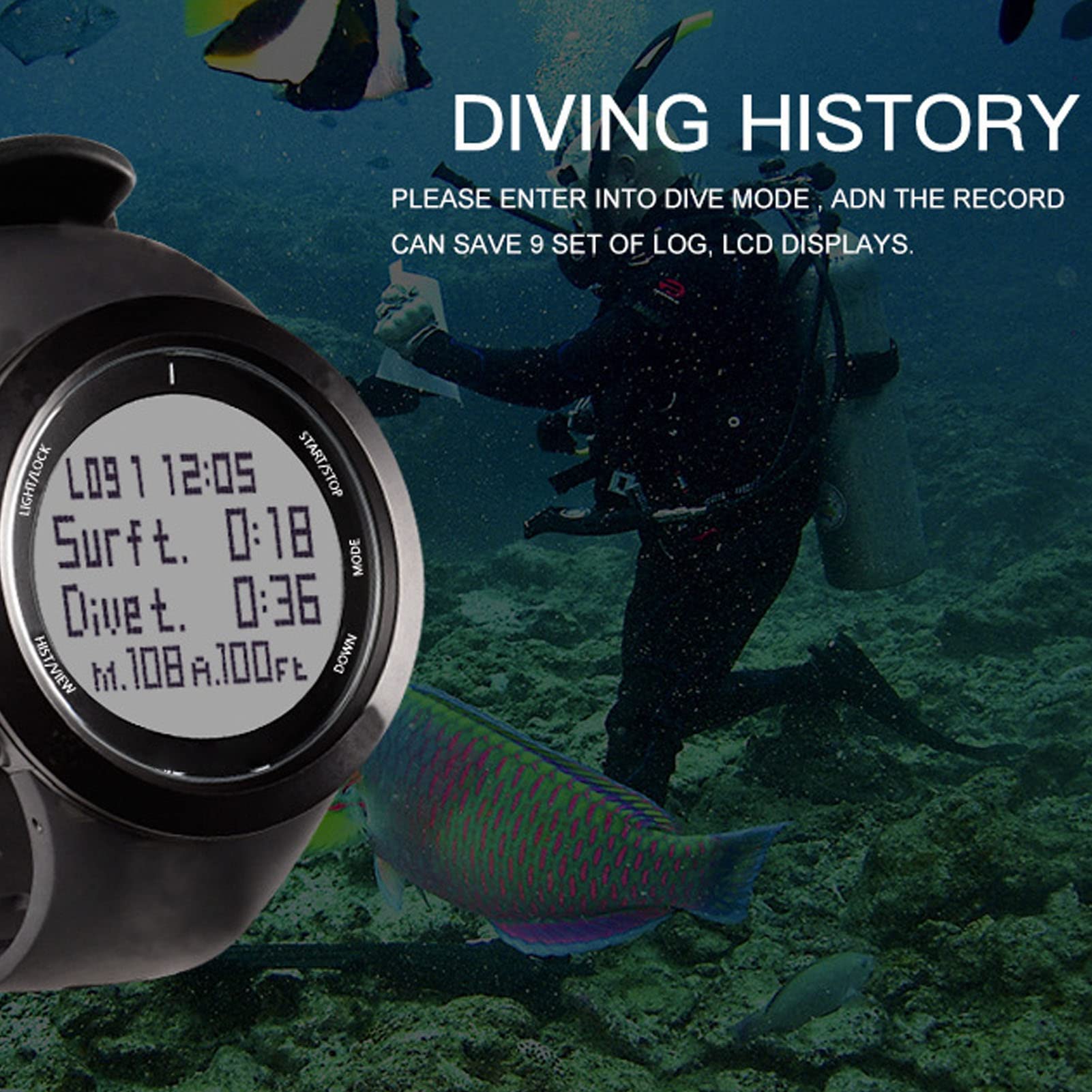 Reloj de Buceo Digital 10ATM Resistente Al Agua Temporizador de Buceo para Entusiastas del Deportes de Natación Caucho de Acero Inoxidable (Negra)