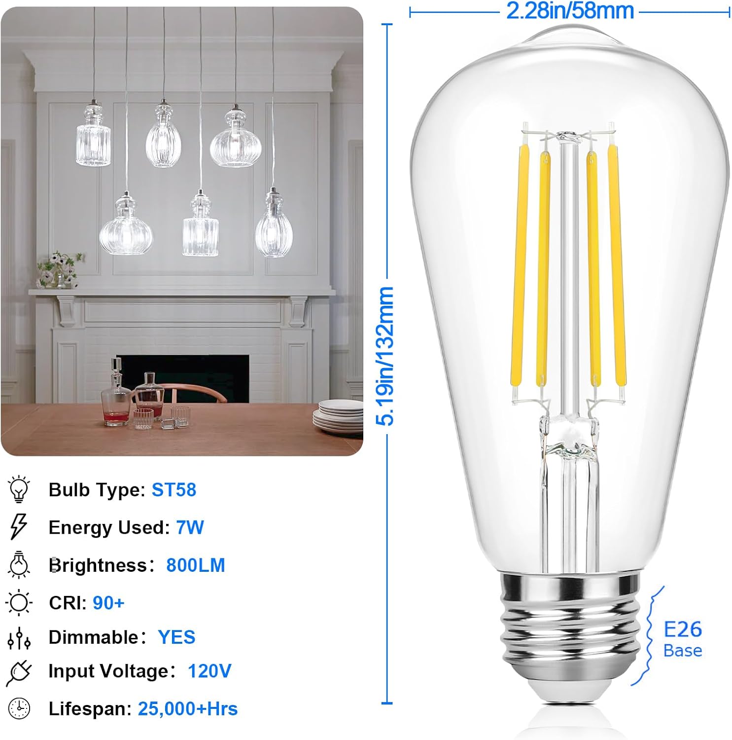 Vintage LED Edison Bulbs 60 Watt Equivalent Dimmable 7W ST58 LED Filament Light Bulbs Neutral White 4000K Antique Style Lighting High Brightness 800LM E26 Medium Base Clear Glass Home Office, 12 Pack