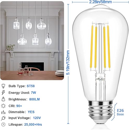 Miniatura 2 de Bombillas LED Edison vintage equivalentes a 60 W, regulables, 7 W, ST58, bombillas de filamento LED blanco neutro 4000 K, iluminación de estilo