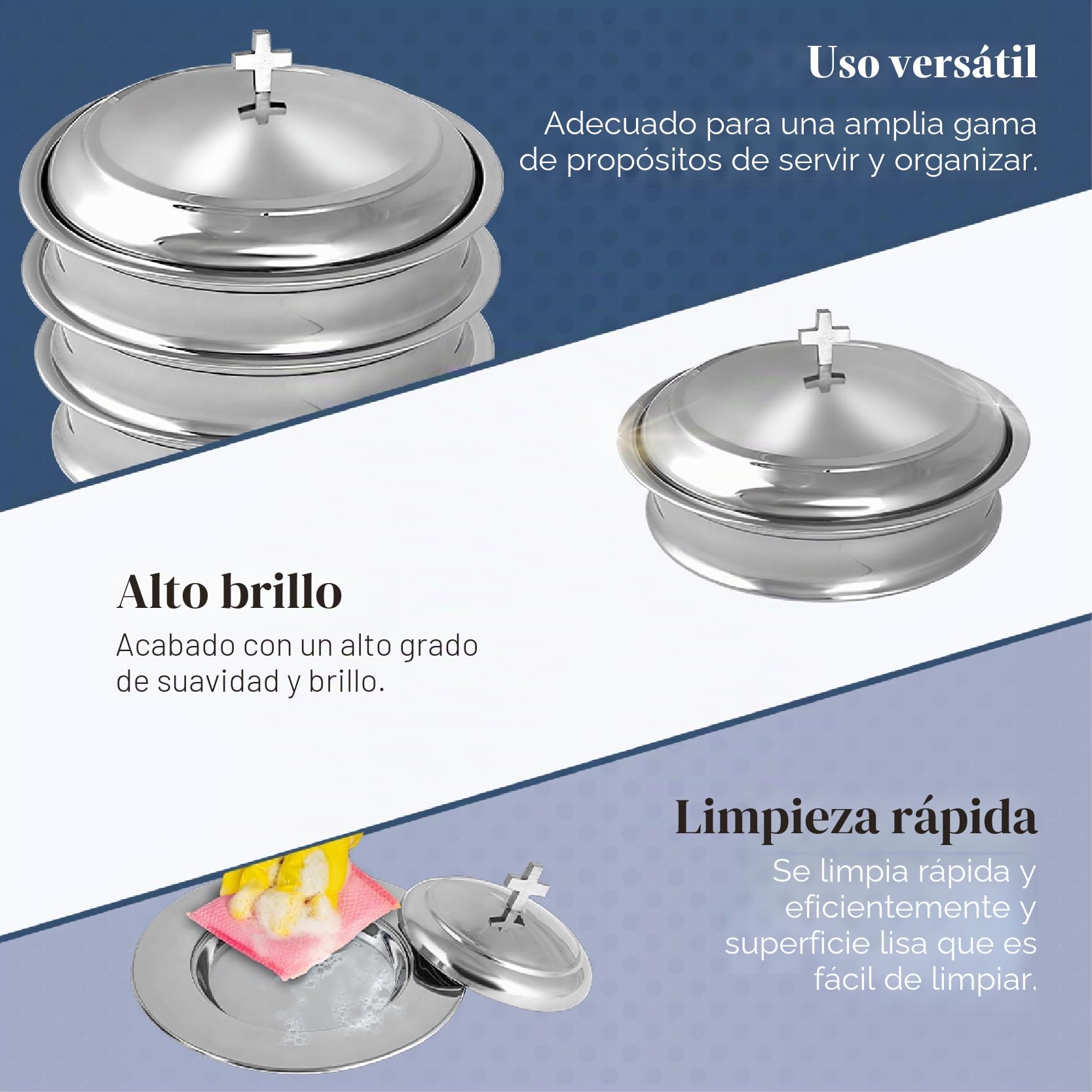 Communion Ware - Juego de 3 bandejas para servir con tapa y 2 platos apilables para pan con tapa, acero inoxidable, espejo/plata