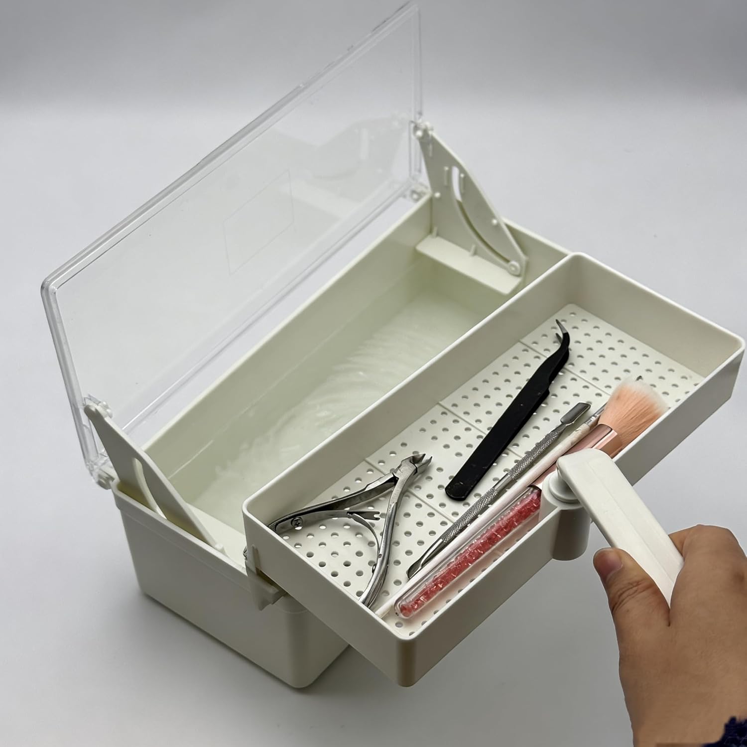 Elevating Filter Box Tool Cleaning Tray with Filter Mesh, Plastic Storage Tray for Nail Accessories and Tools, Barbicide container,Steripod,Foot Care Tool Cleaning Storage Box (white)