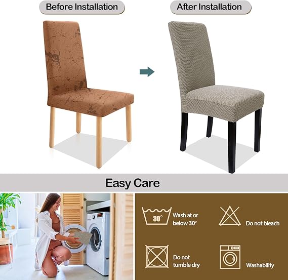 Zindoo Super Stretch Dining Room Chair Covers Jacquard, Set of 4, Camel