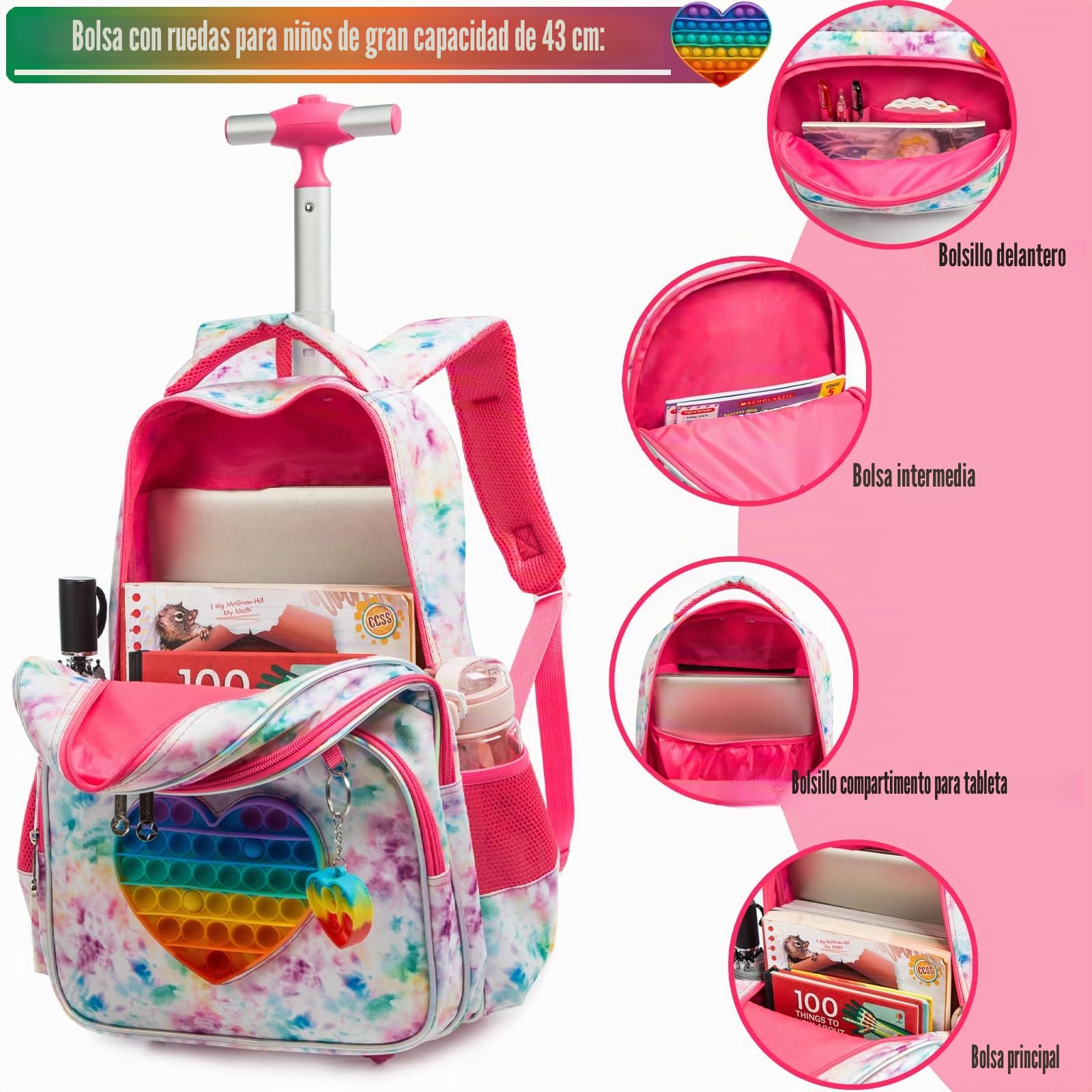 Mochilas Escolares con Ruedas Para Niñas,3PCS Mochila Carro Bolsa del Almuerzo y Estuche de Lápices Bolsos Escolares Para Chicas,17" Maleta Niños con Ruedas de Viaje Juguete de Love Mochila Para Niñas