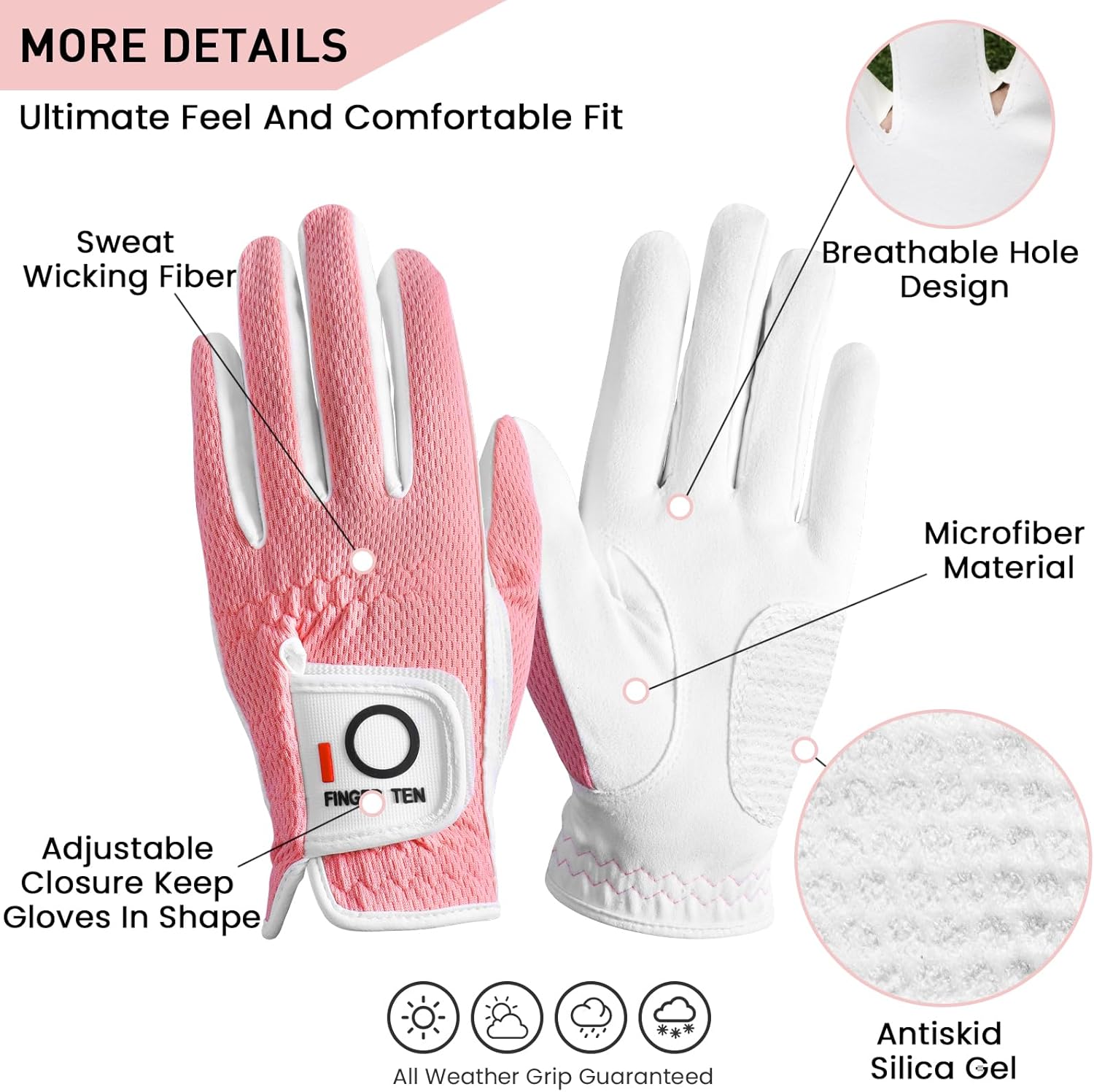 FINGER TEN Womens Golf Glove Right Handed Golfer Left Hand 1 Pack Golf Gloves Rain Grip Hot Wet All Weather Mesh for Women Girls Ladies Small Medium Large - Image 2