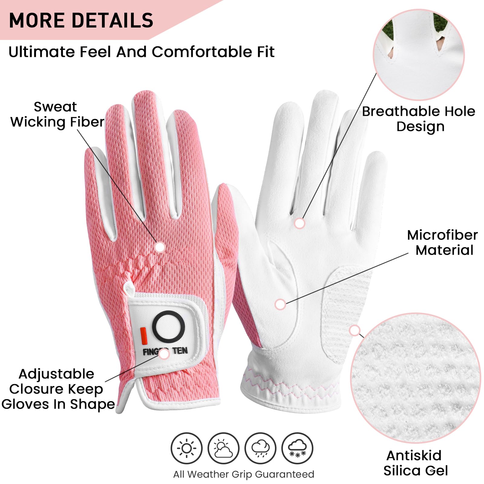 FINGER TEN Golf Gloves Women Left Hand Right Microfiber All Weather Grip Rain Hot Wet Value Pack - Image 2