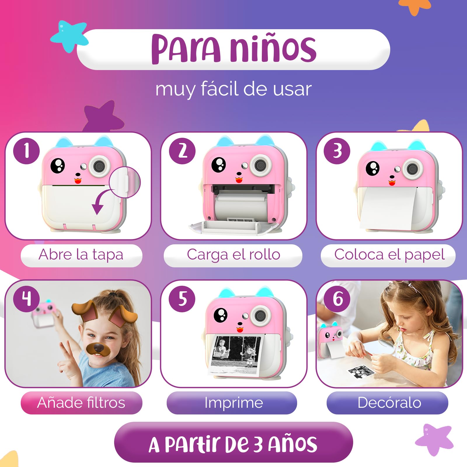 Camara de Fotos Instantaneas – Doble Lente de 48MP, Video 1080P, Impresión Térmica, 4 Rollos de Papel – Filtros Divertidos & Juegos – App Bluetooth, Tarjeta de 32GB – Regalo para Niñas & Niños - Rosa