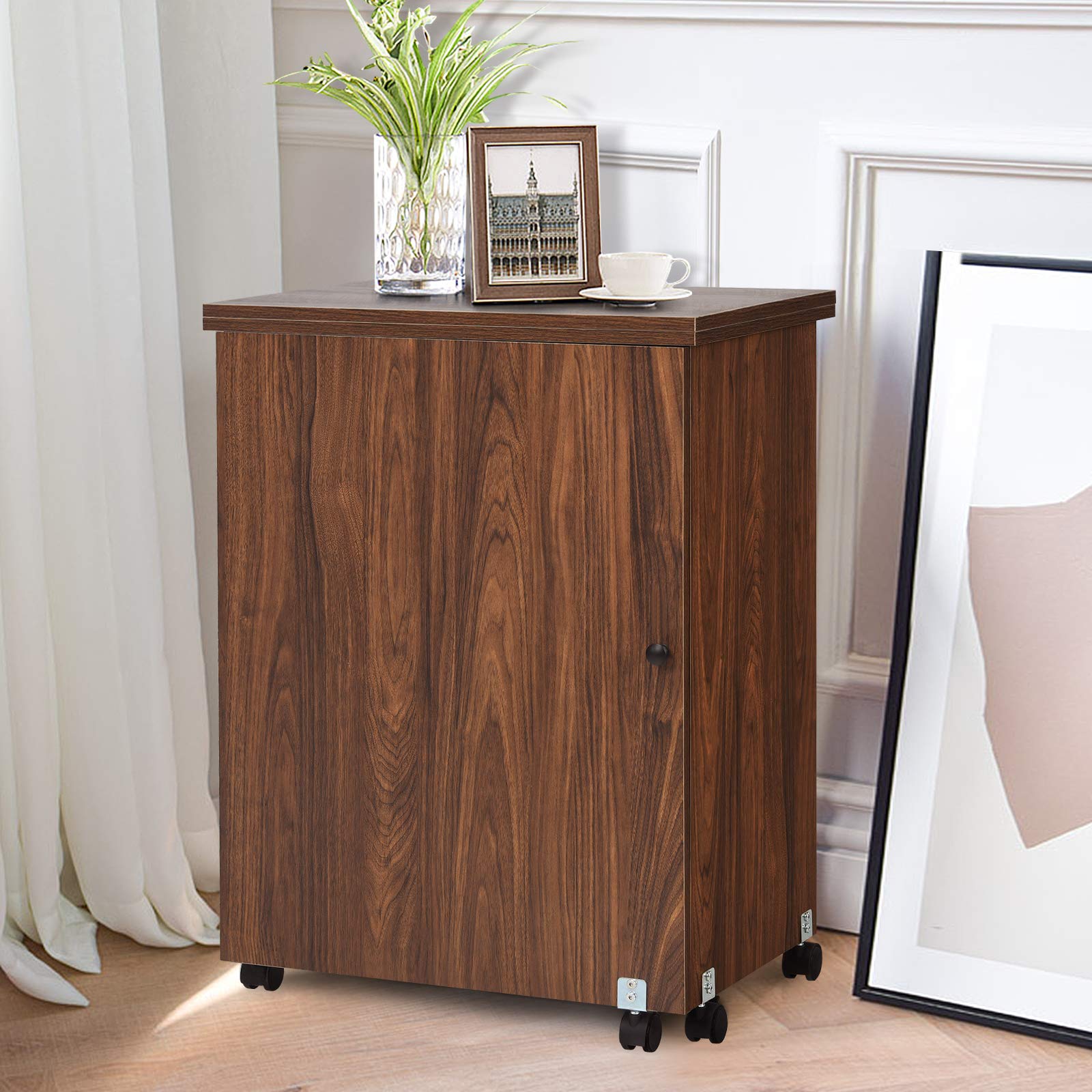 COSTWAY Armoire pour Machine à Coudre Pliante, Table de Couture avec 3 Etagères pour Bobines et roulettes verrouillables en Bois (Brun)