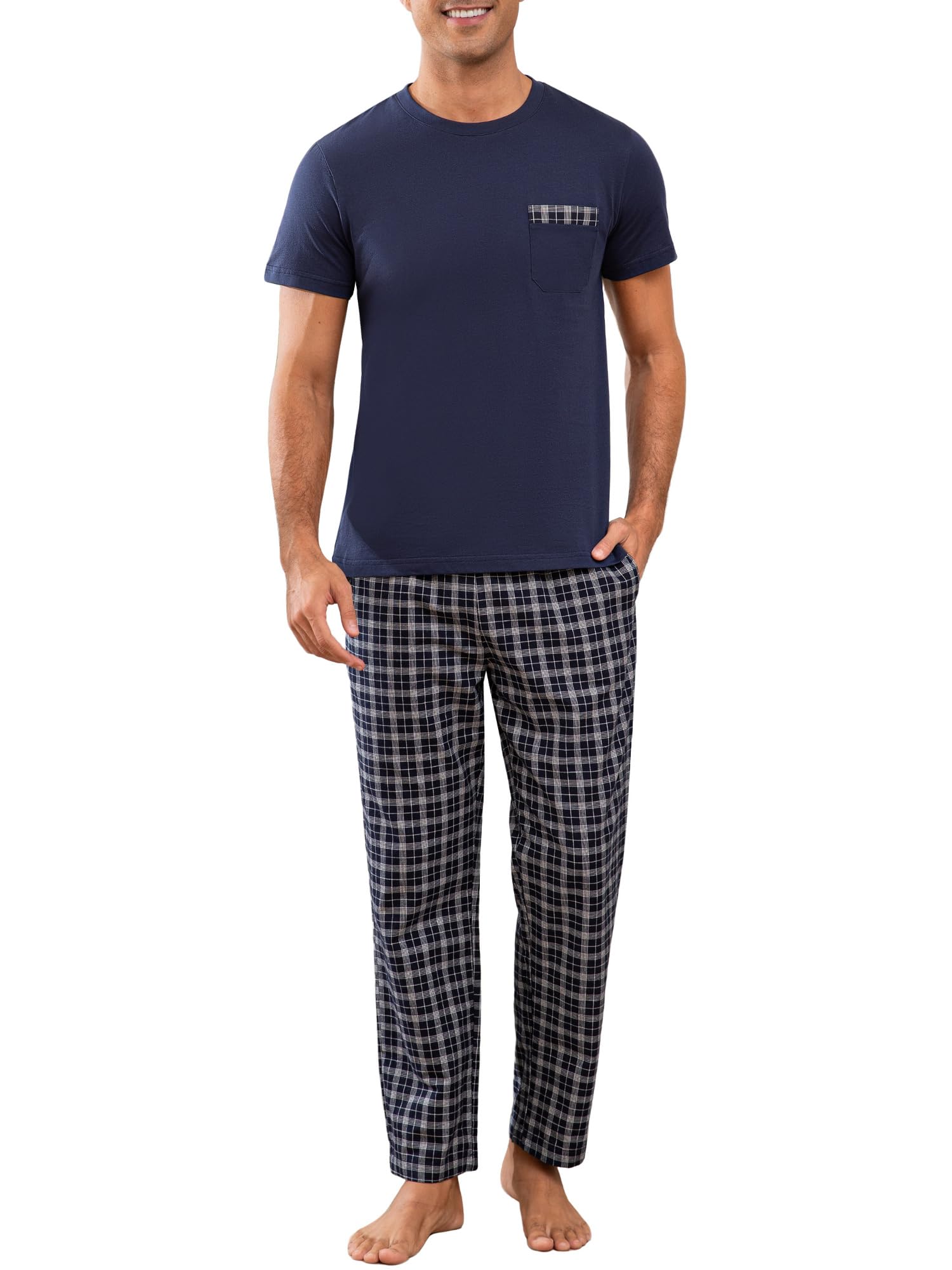 Winovia Schlafanzug Herren Kurzarm mit Langer Karierter Hose, 100% Baumwolle Pyjama Set für Männer, Weiche Nachtwäsche mit Brusttasche, Zweiteiliger Hausanzug & Loungewear