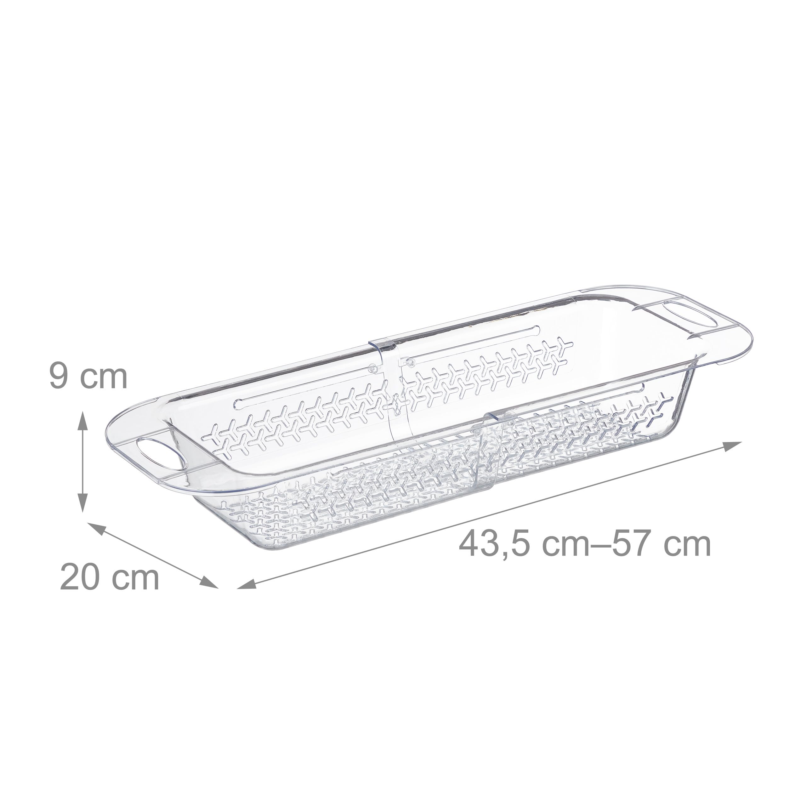 Relaxdays Vaschetta Scolapasta per Lavandino, Allungabile da 43,5-57 cm, da Appendere per Lavello, Plastica, Trasparente