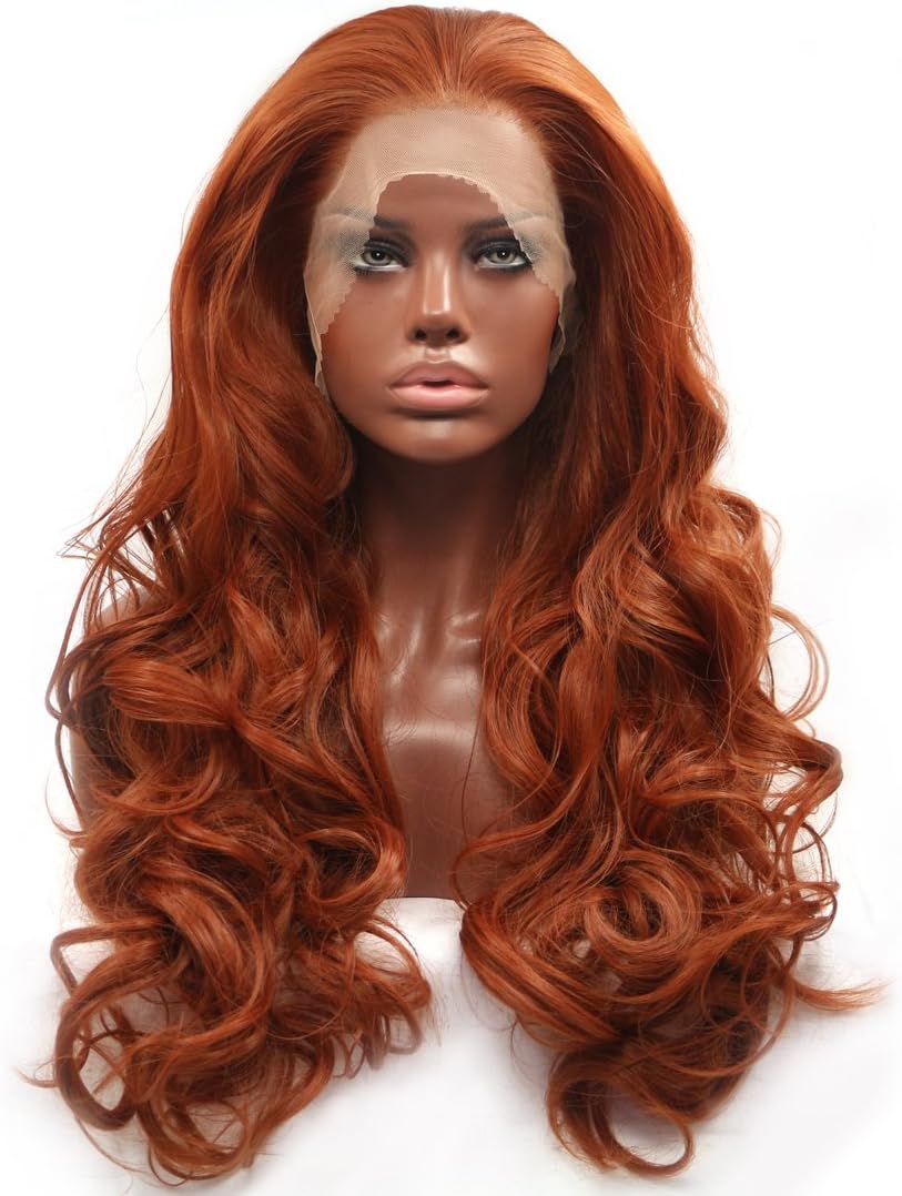 BESTUNG Glueless Copper Red Lace Front Wigs For Women 24 Inches Long Natural Wavy Free Part Lace Front Wigs Heat Resistant Synthetic Hair Wig for Women (copper red)