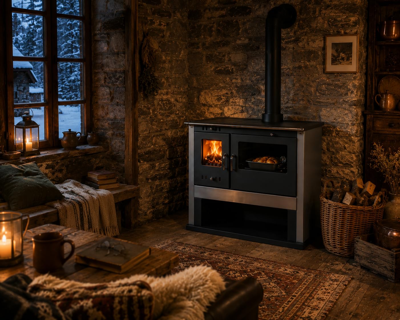 Viki Lix Poêle à brûler en bois 10,5 kW avec four et couvercle de cuisson