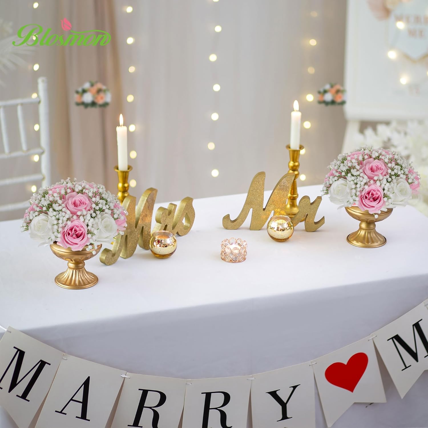 BLOSMON Fake Flowers Ball Centerpieces: 2 Pcs Pink Rose Babys Breath Artificial Flowers Wedding Decoration for Table Silk Kissing Floral Bouquet Arrangements for Home Party DIY Decor - Image 3