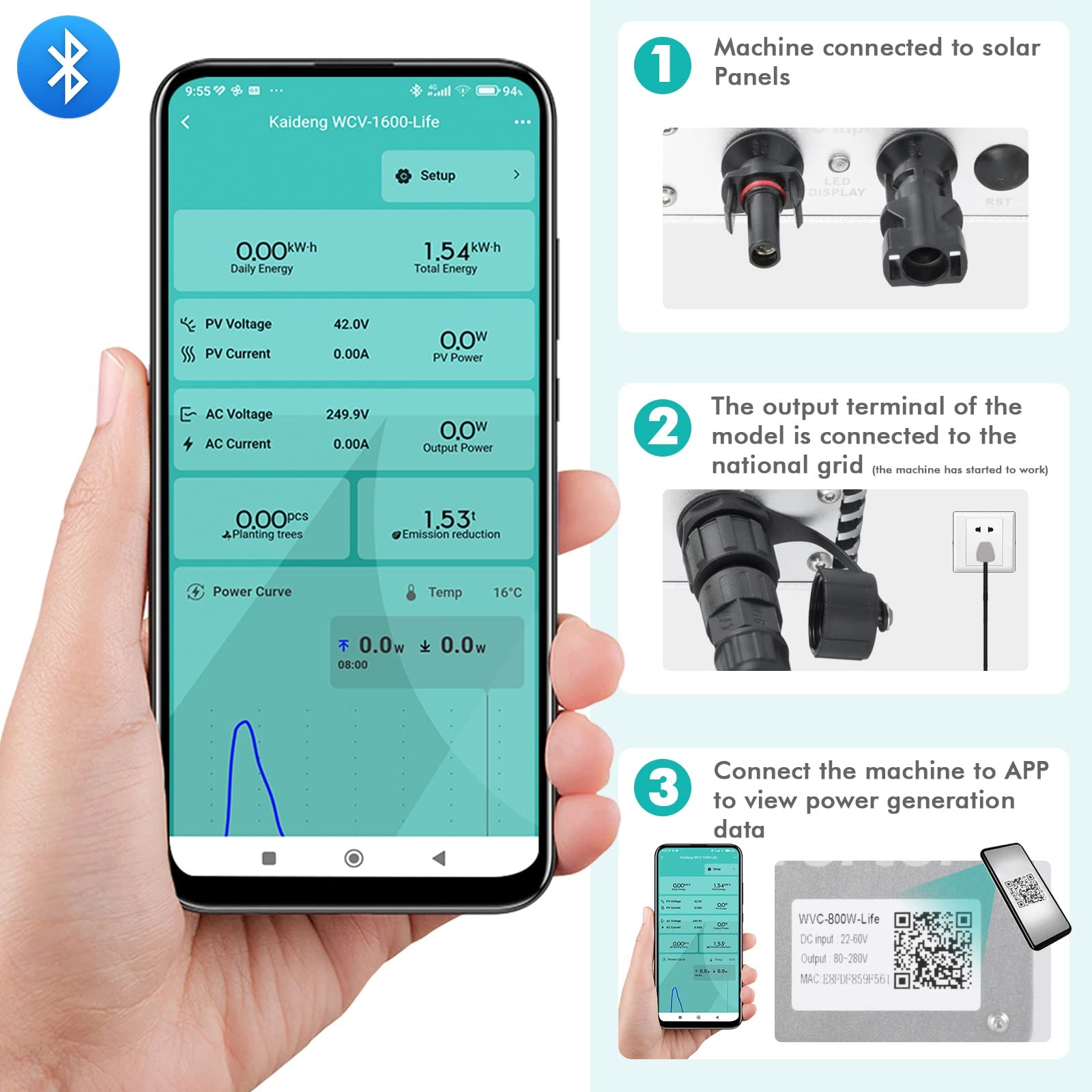 Jadeshay Microinverter,800W Inverter Fotovoltaico Grid Tie Inverter Micro Inverter DC22-60V Inverter di Rete con Sistema di Monitoraggio del Telefono Cellulare per 2 Pannelli Solari