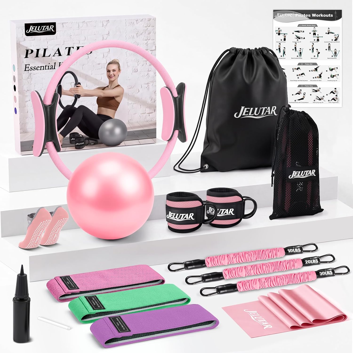 JELUTAR Pilates Kit for Women Home Workout, Pilates Equipment Set | 14”Pilates Ring and Ball, Fabric Resistance Bands, Exercise Band, Ankle Straps, Grip Socks Gym Accessories Fitness Essentials