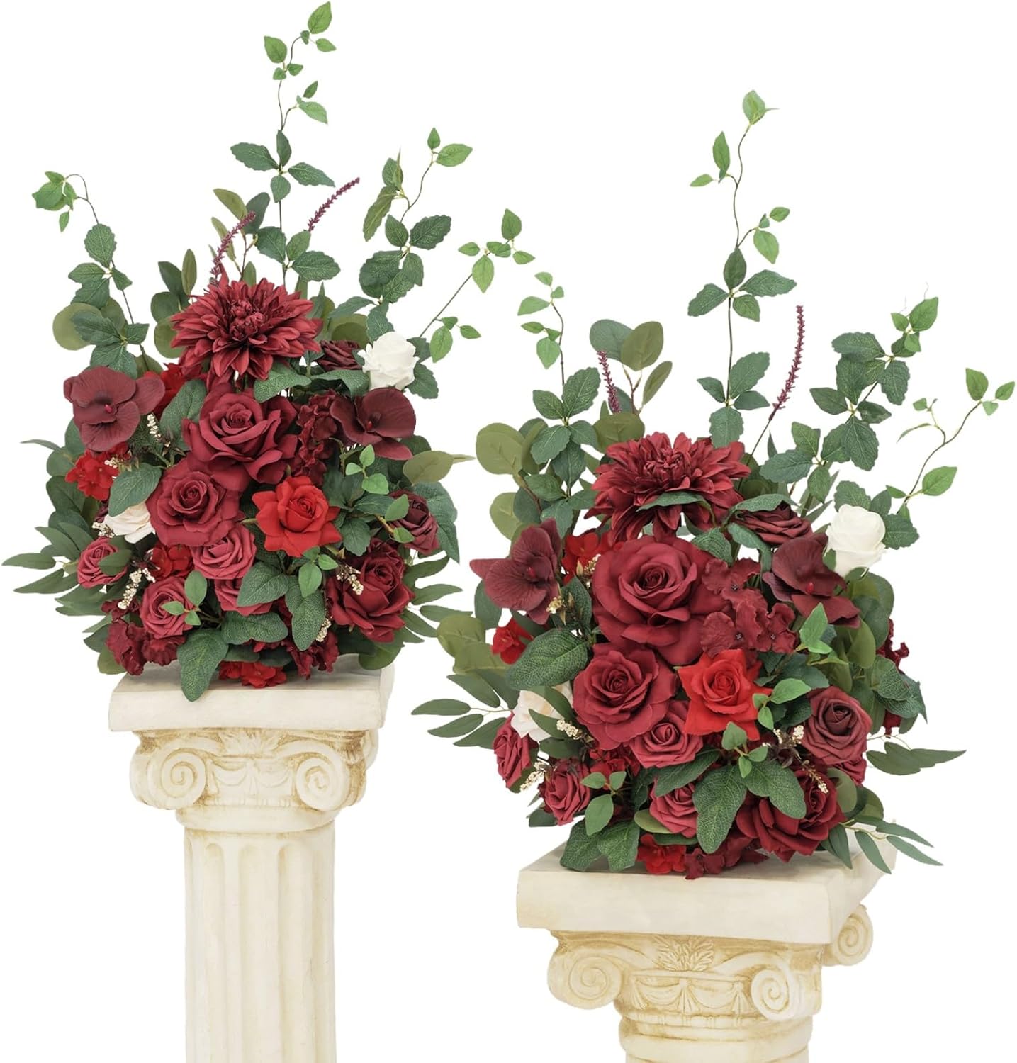 TINGE TIME Free-Standing Artificial Flower Set of 2, Table Centerpiece with Rubber Pad, Silk Fake Flower for Wedding Centerpiece Archway Aisle Welcome Entrance (Burgundy Red)