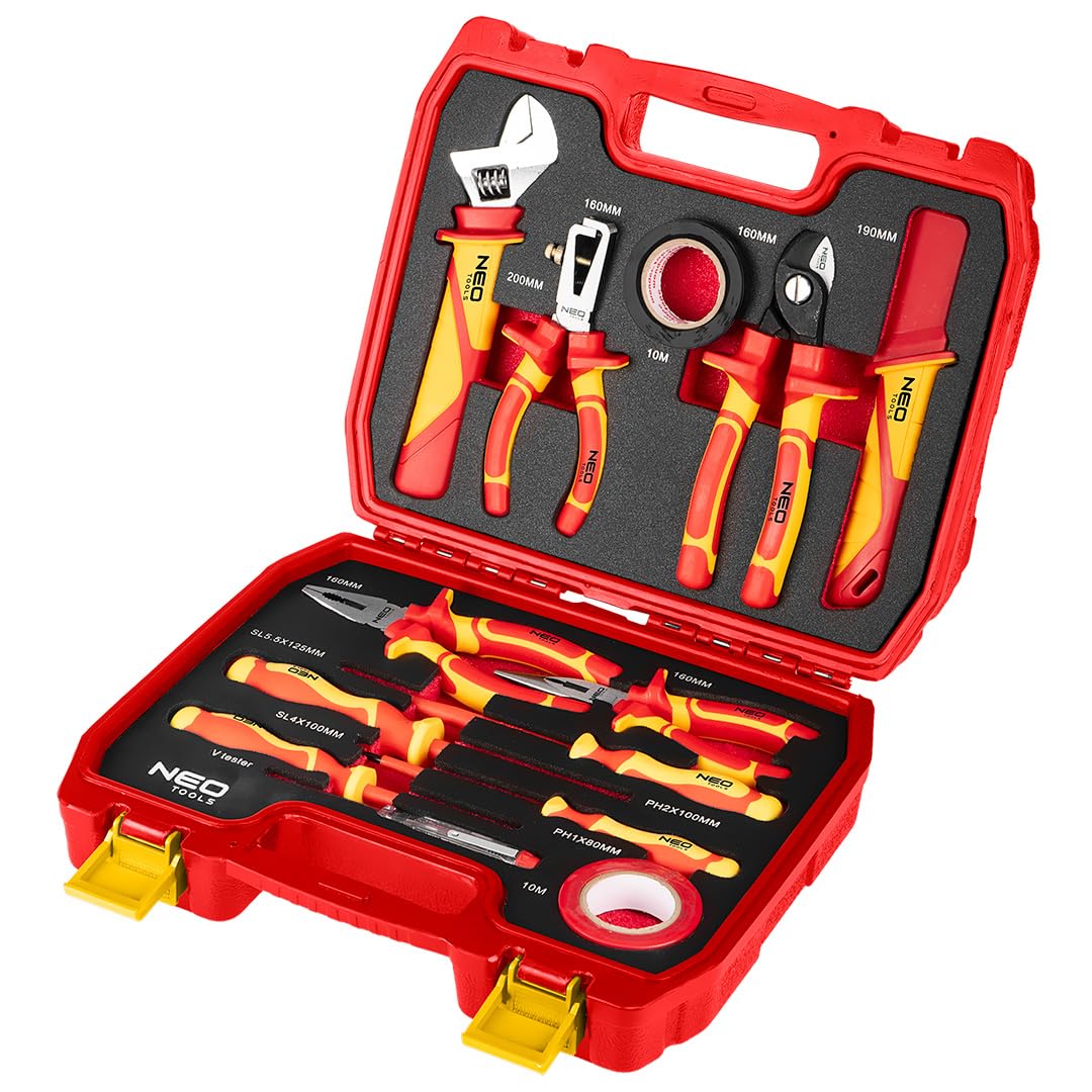 NEO TOOLS Elektriker Werkzeugset: 13-tlg., Isolierte CrV/S2 Werkzeuge | Spannungsprüfer, 2x Isolierband, Koffer, Für Montage, Reparatur & Installationen