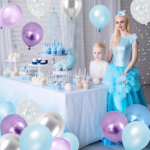 Miniatura 5 de Globos azules y morados plateados, 60 globos de congelado, globos metálicos morados, azules y plateados, con estampado de copos de nieve azul perla,