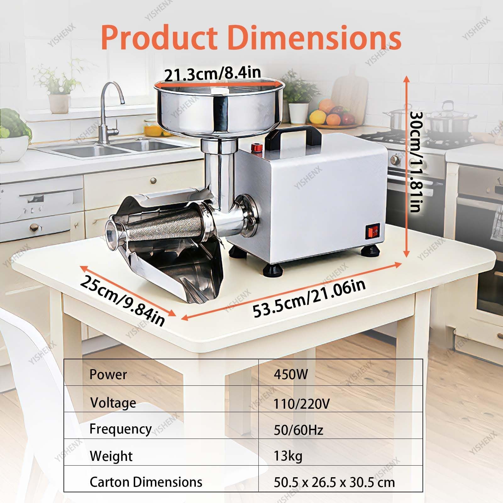 Passapomodoro Elettrico Professionale Da 450 W, In Acciaio Inox 304, Produttiva Di 150 Kg/H, Imbuto Grande Diametro, Tecnologia Separazione Polpa E Semi, Ideale Salsa Fragole Mirtilli