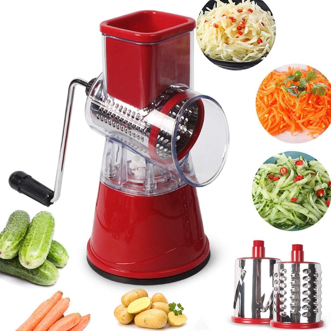 Picador de verduras, cortador de verduras de cocina, cortador en espiral, rallador de queso giratorio, cortador de verduras, rallador de queso de tambor redondo giratorio de verduras con 3 cilindros u