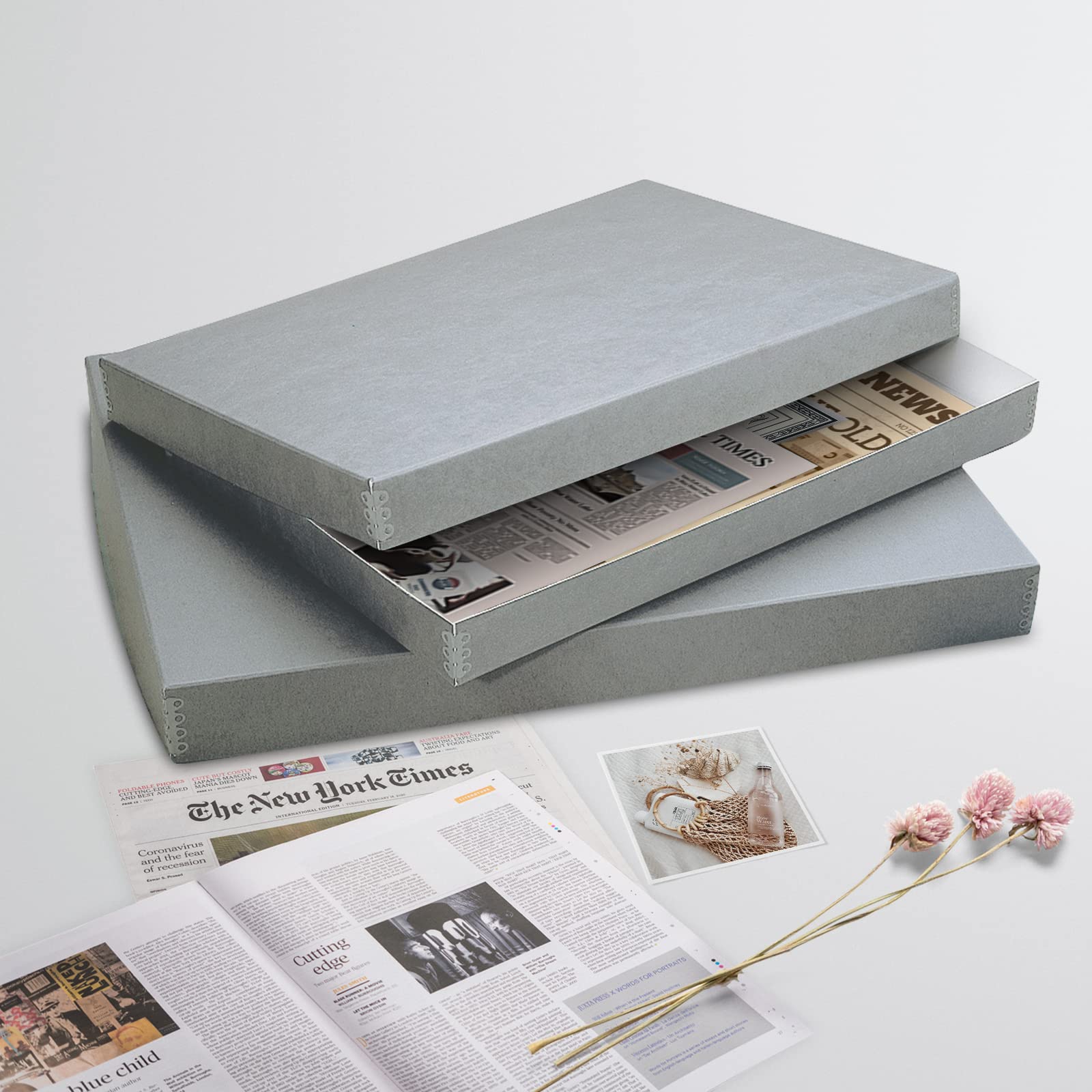 Lineco, Archiv-Zeitungsaufbewahrungsbox, Drop-Front-Design mit Metallkante, säurefreier Akten-Organizer, Konservierung für Fotos, Dokumente, Sammelalben, Zeitschriften, 55,9 x 38,1 cm, Grau