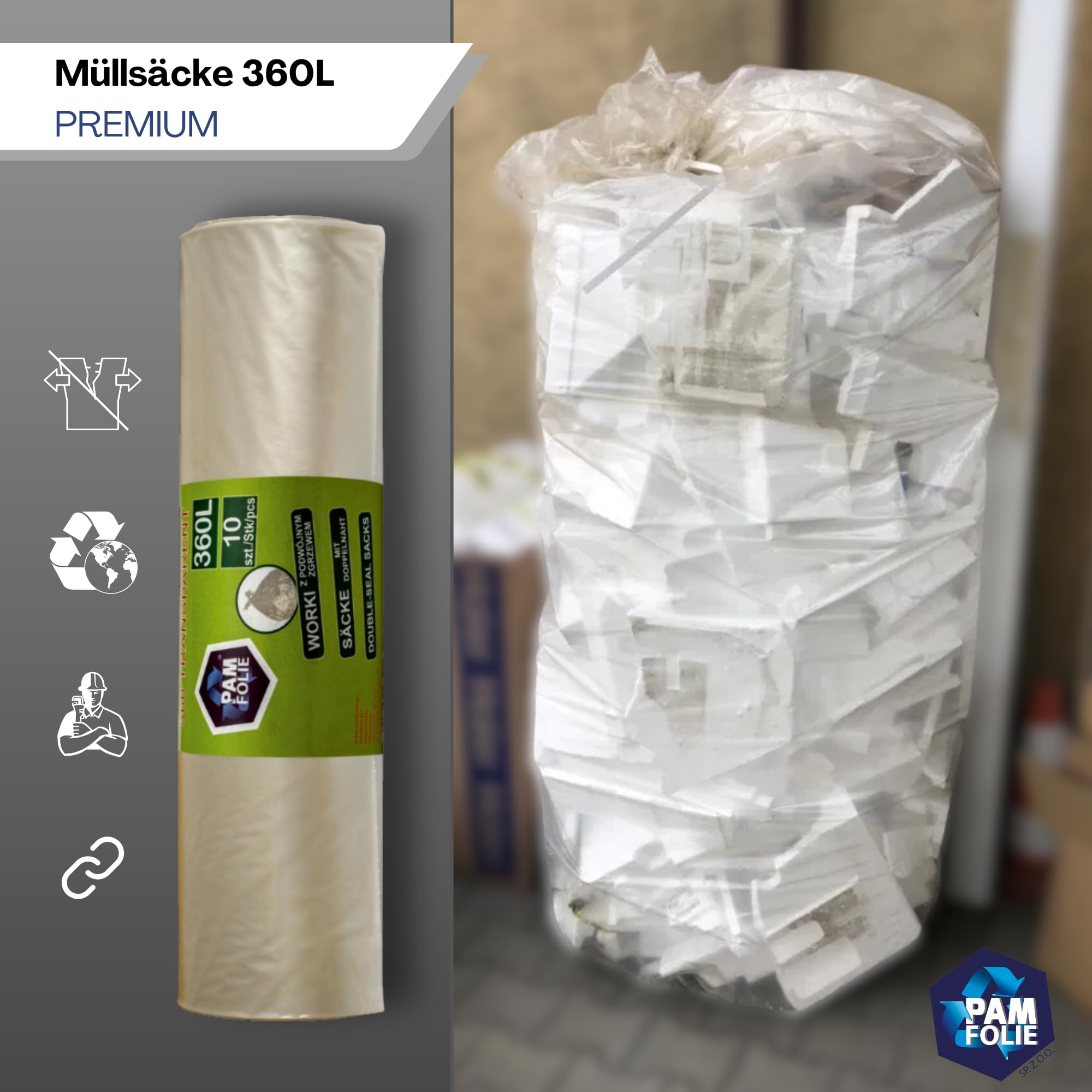 Sacchi della spazzatura 360 l, 10 pezzi, XXL, grandi, forti, spessi, 120 x 150 cm, 35 µm, universali, trasparenti, sacchetti per rifiuti da costruzione, in polistirolo