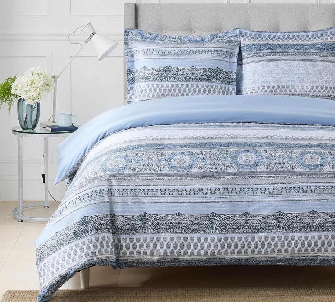 Royal Tradition 2pc 100% Cotton Duvet Cover Set (Twin/Twin XL) Medallion Blue Comforter Cover with Pillow Sham