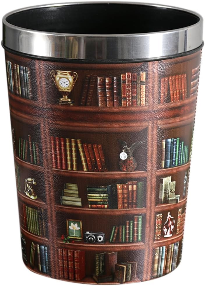 Lingxuinfo 12L Retro Style PU Trash Can Wastebasket Waste Paper Bin Paper Basket Uncovered Waste Bin Dustbin Garbage Bin for Kitchen Bedroom Office (Bookcase Pattern)