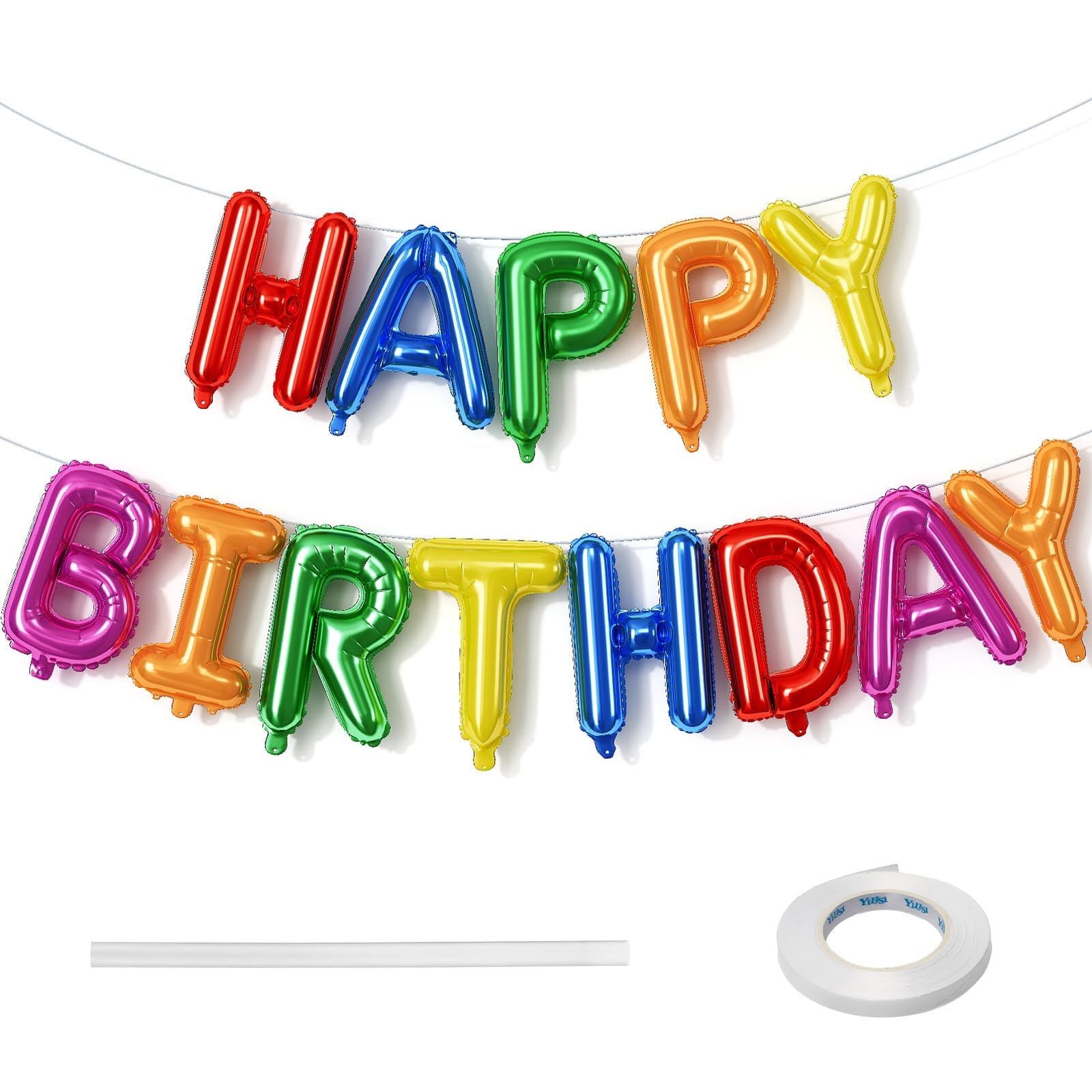 Photo 1 of 16 Inch Happy Birthday Banner Balloon, Rainbow Happy Birthday Letters Foil Balloons, Self Inflating Multicolor HBD Balloons Bunting for Kids Girls Boys Colorful Bday Party Decorations