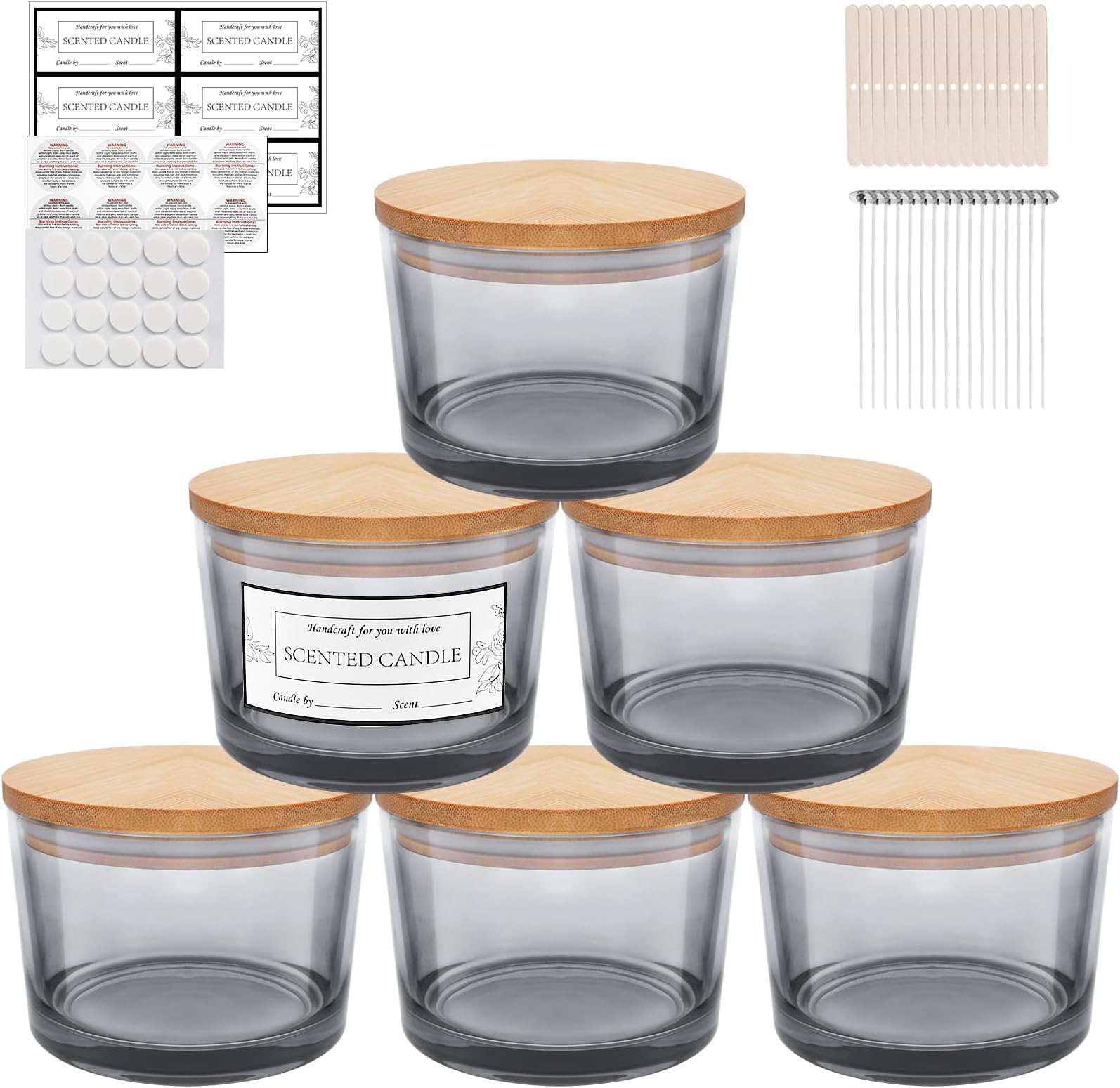 CONNOO 6-Pack 16 oz Candle Jars - 3-Wick Gray Empty Wide Mouth Glass Candle Jars Come with Bamboo Lids, Sticky Warning Labels, and a Candle Wick Kit for Candle Making - Dishwasher Safe
