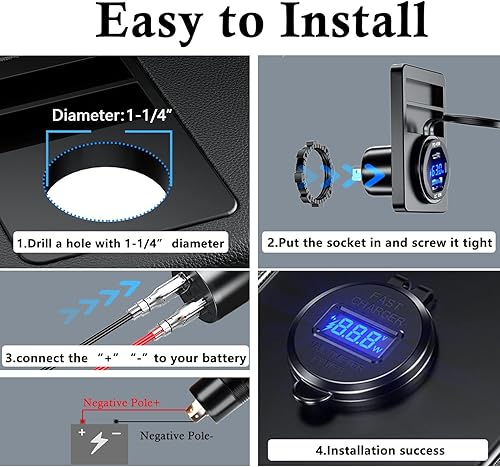 Miniatura 7 de BATIGE PD - Cargador rápido USB C de 45 W de 18 W, enchufe de cargador USB 3.0 impermeable con interruptor, voltímetro LED y fusible de cable, kit