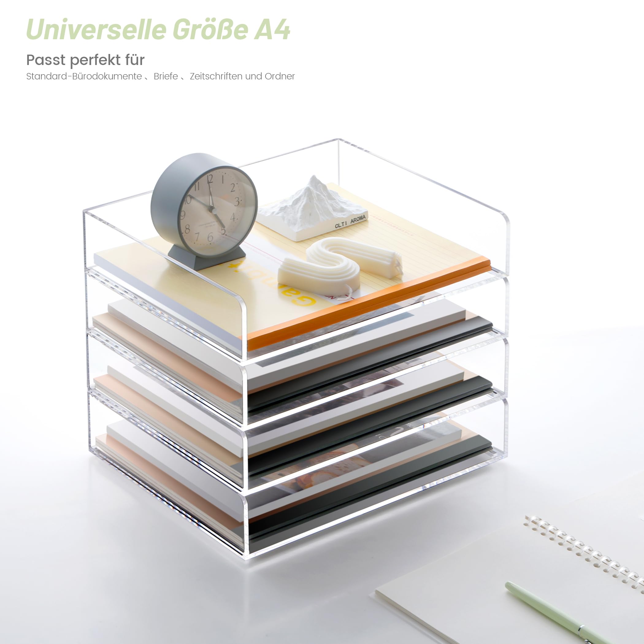 SANRUI 4er Set Dokumentenablage A4, Stapelbar Briefablage querformat aus Acryl, Stabiler Ablage Schreibtisch Organizer für Büro&Home, Moderne Ablagefächer Ablagekorb Transparent,31,5 x 22,5 x 26,5 cm