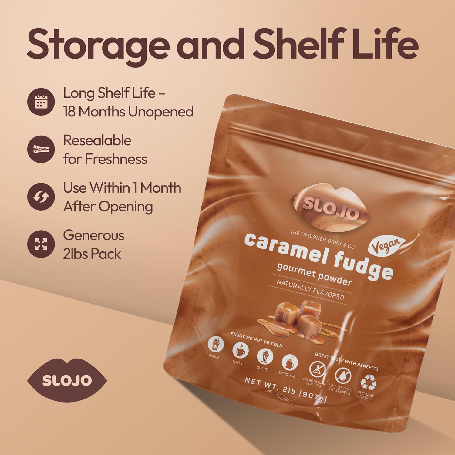 SLOJO Caramel Gourmet Flavored Powder - Premium Drink Mix for Hot & Cold Beverages, Vegan, Caramel Powder for Lattes, Frozen or over Iced Frappes, Iced Coffees & Milkshakes and Desserts, 2Lbs