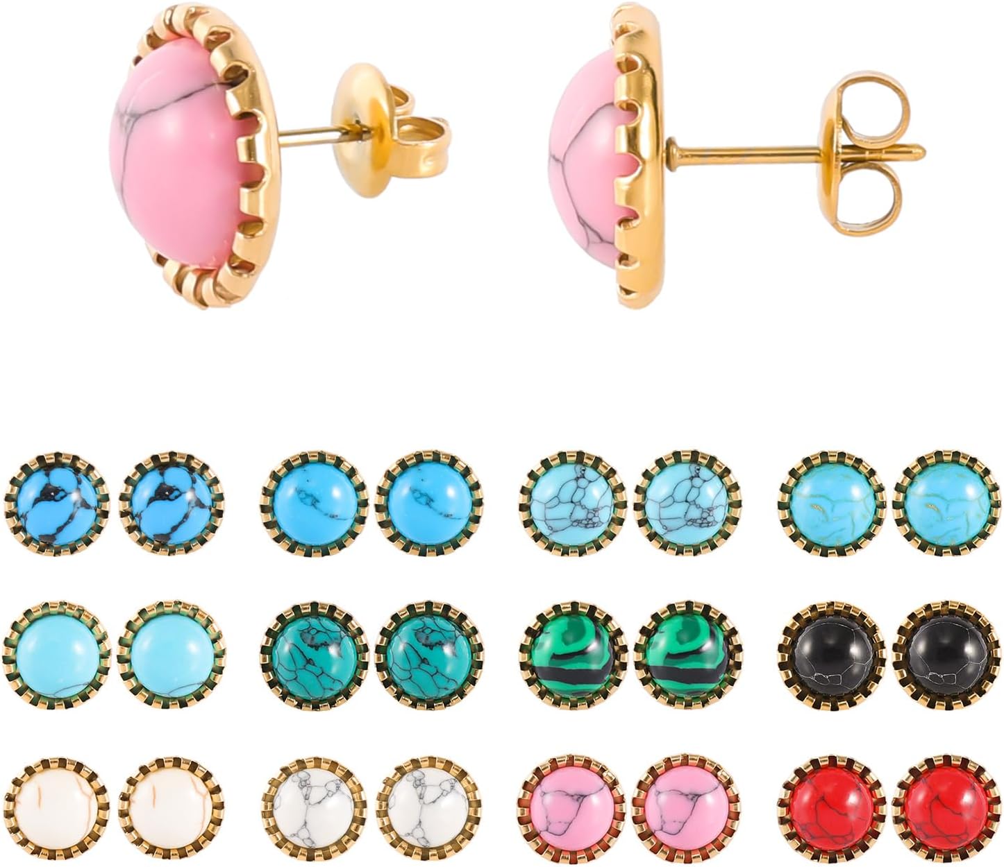 12 Pairs Multi Gemstone Turquoise Stud Earrings Stainless Steel Gem Stone Stud Earrings Set for Women - Image 3