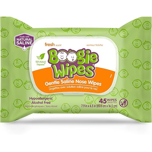 Baby Saline Wipes by Boogie for Face, Hand, Body & Nose, Made with Vitamin E, Aloe, Chamomile and Natural Saline, Fresh Scent, 45 Count