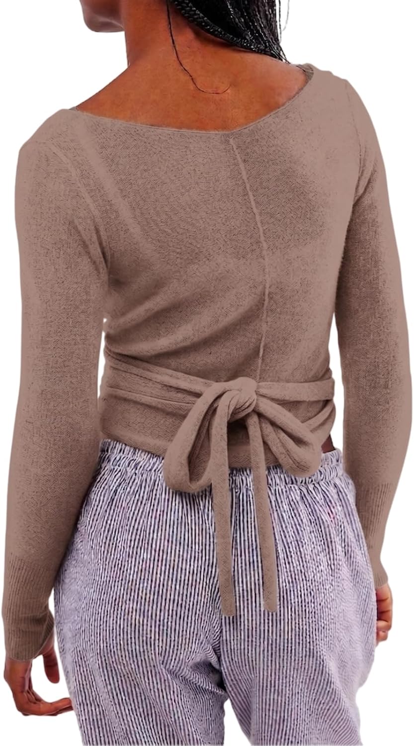 Women Wool Tie Front Tops Crop Top Solid Long Sleeve Solid V Neck Lightweight Crochet Cardigan Crop