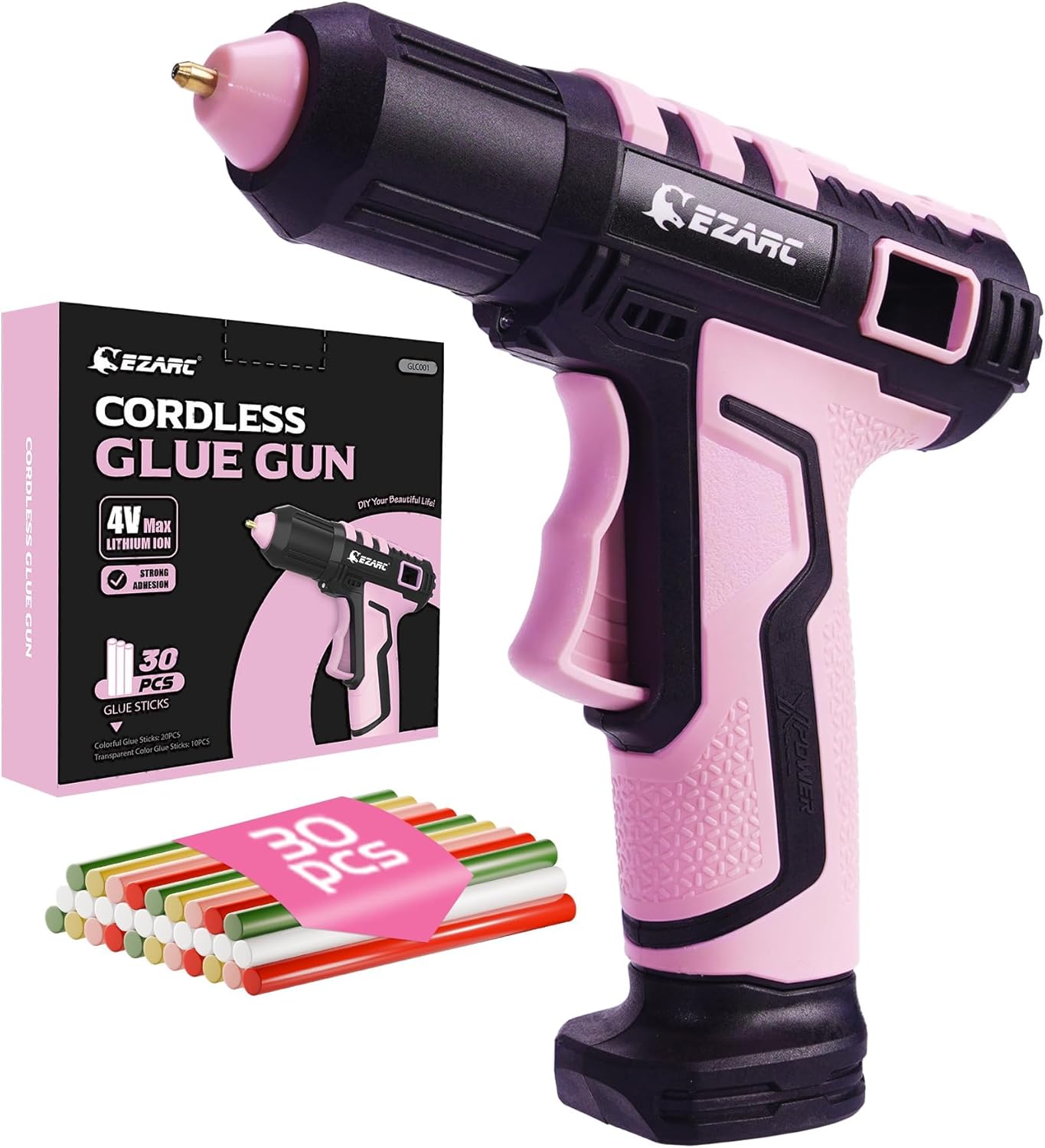 EZARC Cordless Hot Glue Gun, 15s Heating Fast Glue Gun Kit with 30 Pcs Mini Glue Gun Sticks, Automatic-Safety-Power-Off, Built-in 2500 mAh Lithium-ion for Art, Crafts, Decorations, Home Repairs