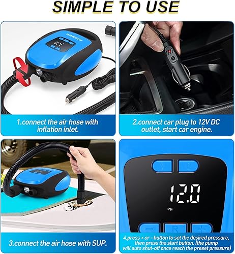 Miniatura 6 de Bomba de tabla de remo eléctrica portátil, bomba SUP para paddleboard, compresor de aire de 20 PSI con apagado automático, función de desinflación y