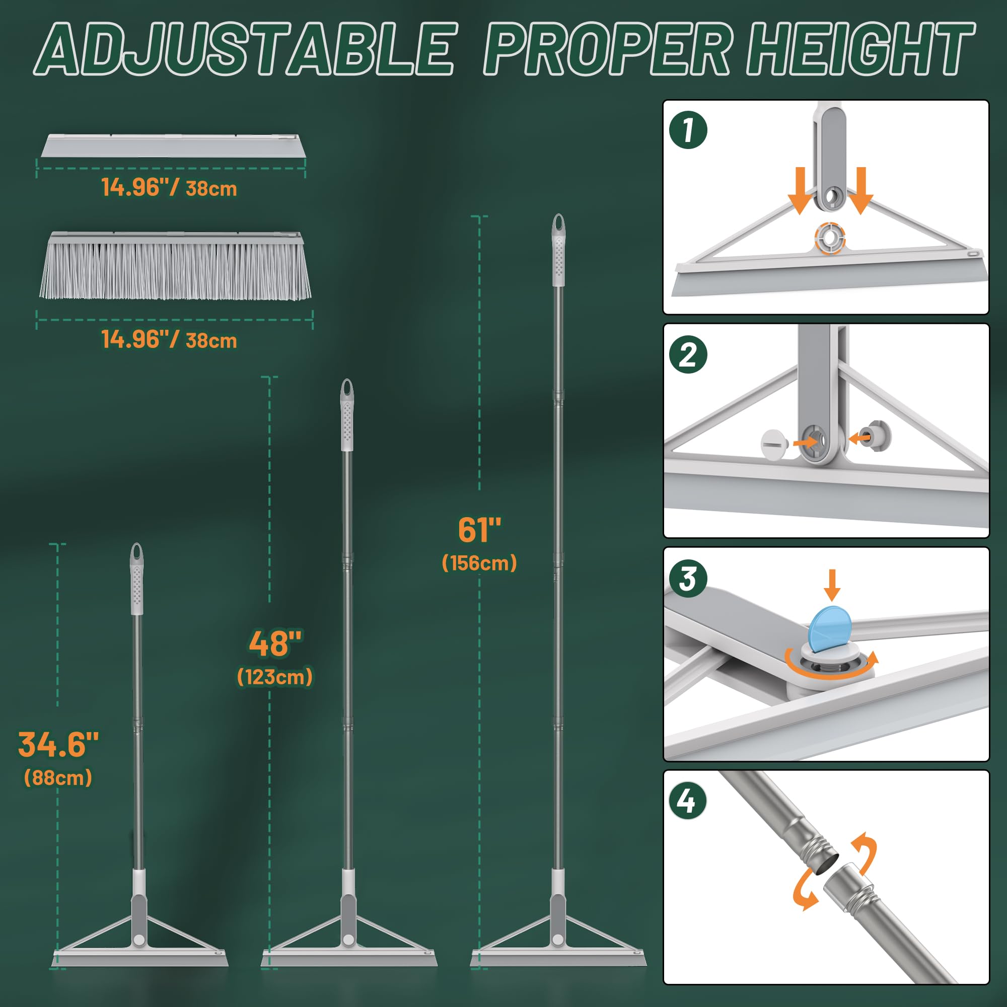 KOLLIEE Floor Broom 120° Rotating Long Handle 2 Detachable Heads Floor Broom with Hook for Tile Carpet Wet Floor Grey