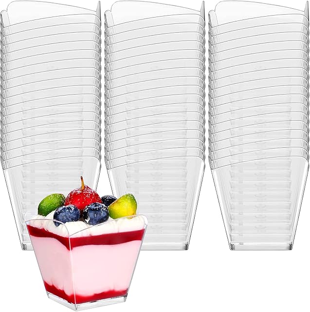 KAHEIGN 60Pcs Mini Dessert Cups, 100ml Plastic Square Beveled Dessert Cups Clear Parfait Appetizer Cup Reusable Serving Bowl for Dessert Pudding Mousse Party (5.5 x 5.7cm)