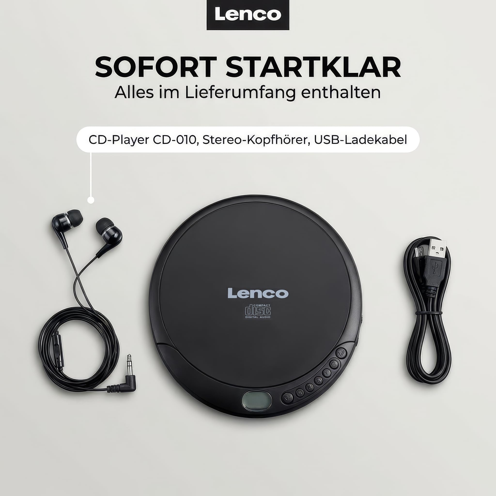 Lenco CD-010 - CD-Player - auch für Kinder - Discman - Tragbar - CD Spieler | CD Walkman - Mit Kopfhörern und Micro USB Ladekabel - Schwarz