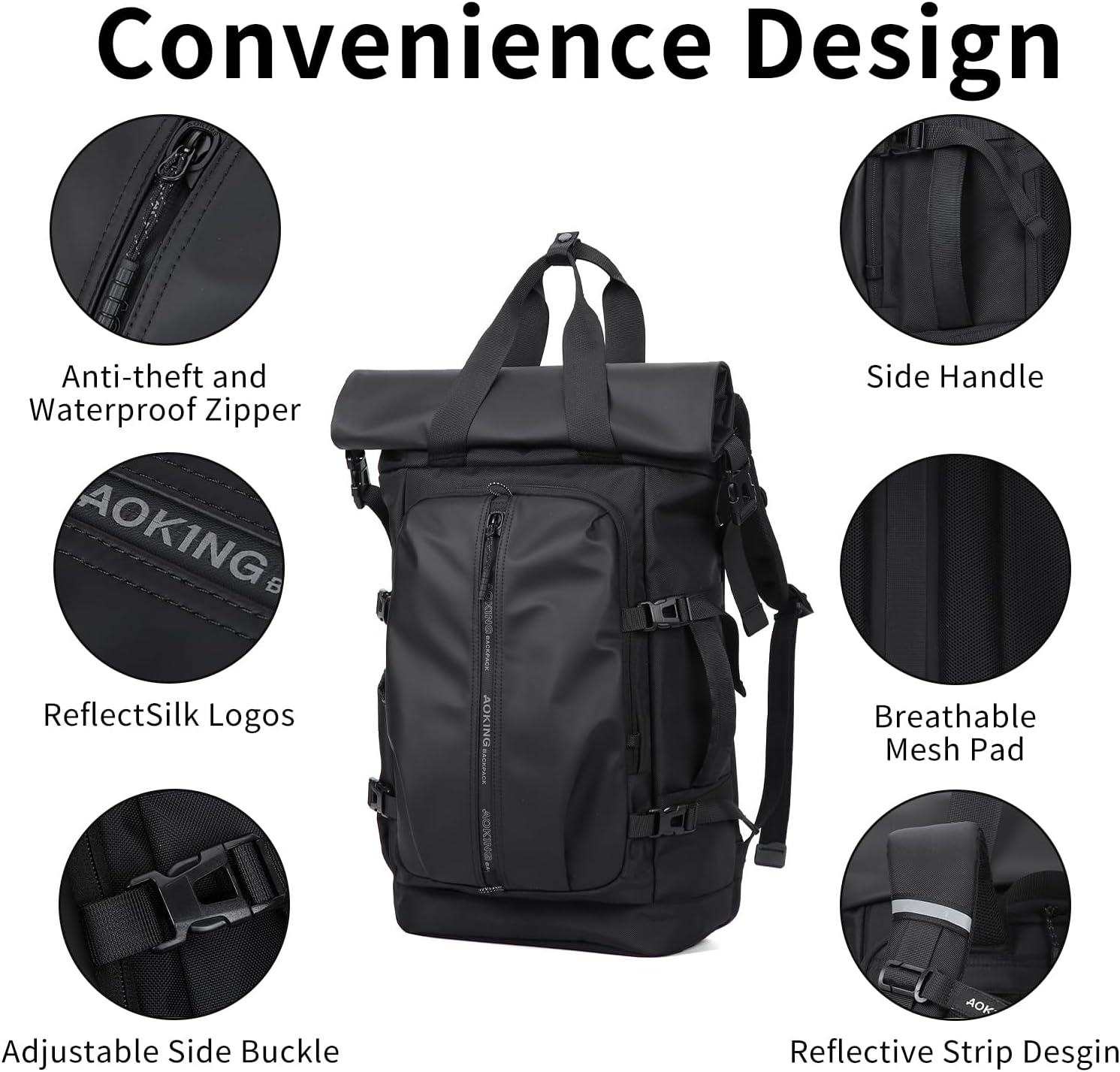 Rolltop Backpack, Travel Backpacks for Men Women, Anti Theft Backpack with 15.6-inch Laptop Compartment, Waterproof Backpacks for Work, Business, Commuter and College - Image 8