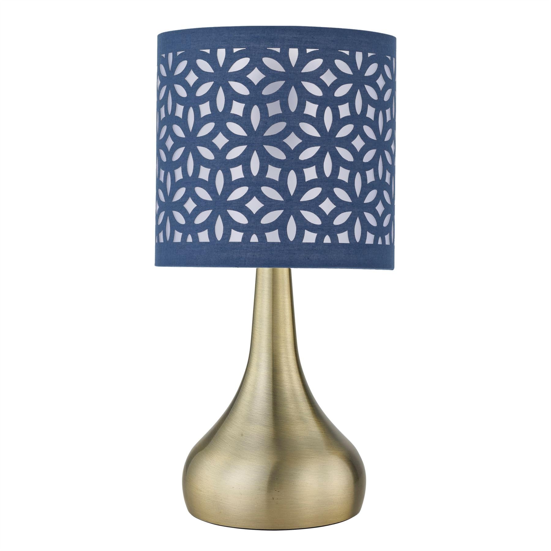 First Choice Lighting RomanaAntique Brass Touch Table Lamp With Navy Blue Laser Cut Shade from B&Q