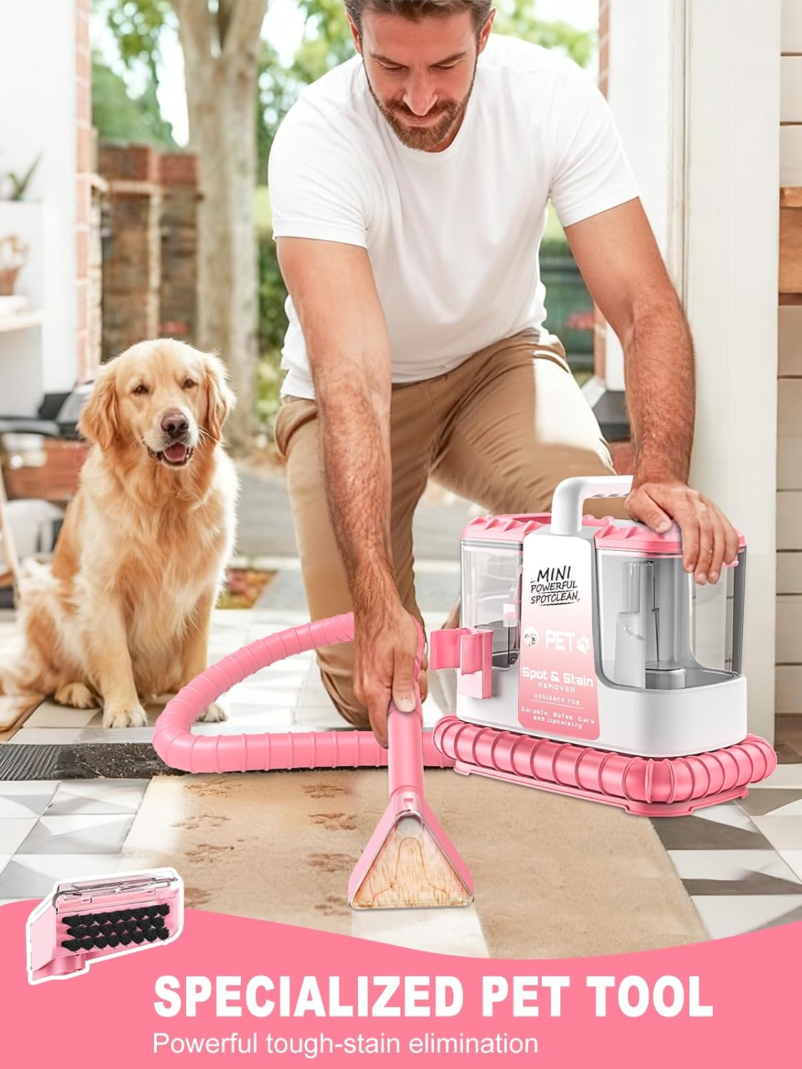 Carpet Cleaner Machine, 20Kpa Powerful Suction with 5 Cleaning Tools, Cleaning Solution, Car/Auto Detailer, Lightweight Compact Design for Rug, Carpet, Car Seats, Pets, Stairs, Couches,Pink