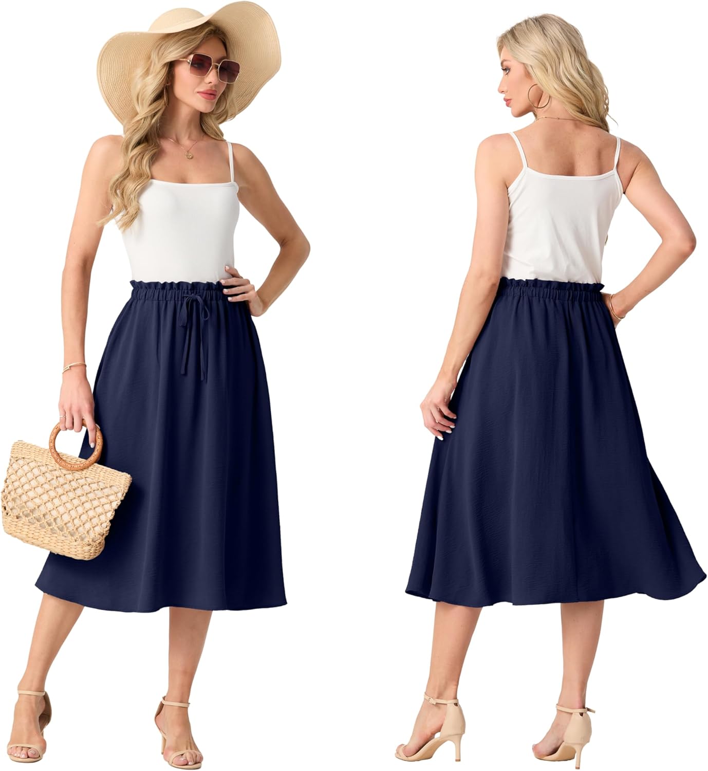 High Waist Skirts for Women Below Knee Casual Flowy Summer Midi Skirts Palazzo A-Line Long Skirt with Pockets - Image 2