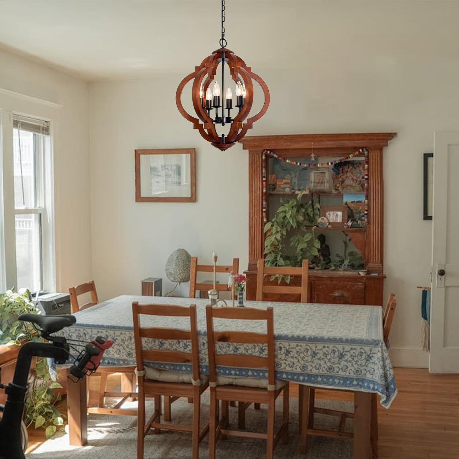 6-Light Farmhouse Chandelier, Red Wood and Black Metal Rustic Light Fixture, Industrial Dining Room Chandelier for Kitchen Island, Entryway, Foyer, Bedroom, Living Room