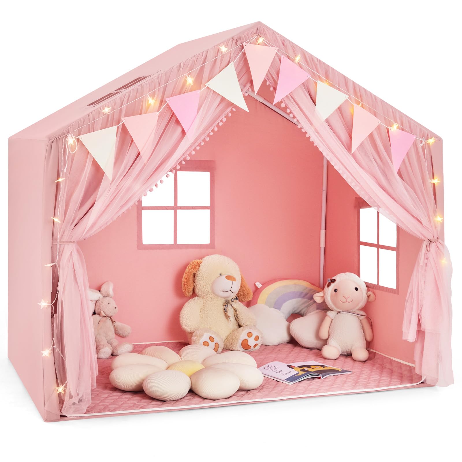 INFANS Kids Play Tent, Large Size Playhouse with Washable Cotton Mat Star Light Windows Plaid Pennants, 146 x 96.5 x 133cm, Indoor Outdoor Princess Tents Castle for Toddlers Age 3+ Years Old (Pink)